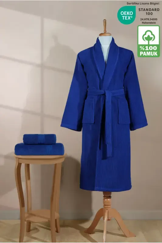 Striped Bathrobe Set 100% Cotton Certified 3 Piece Shawl Collar Bathrobe And Head Towel Set Navy Blue-Navy Blue - ELLALINE