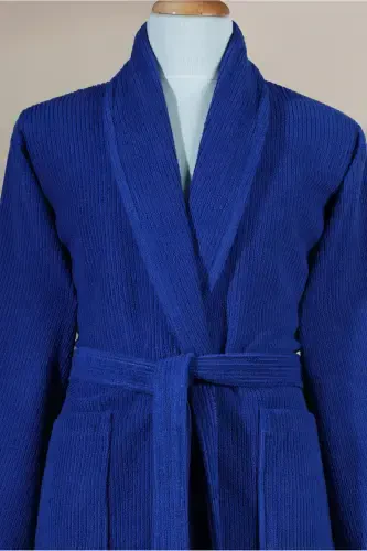 Striped Bathrobe Set 100% Cotton Certified 3 Piece Shawl Collar Bathrobe And Head Towel Set Navy Blue-Navy Blue - 3