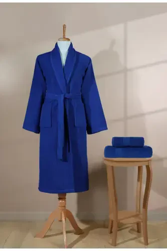 Striped Bathrobe Set 100% Cotton Certified 3 Piece Shawl Collar Bathrobe And Head Towel Set Navy Blue-Navy Blue - 4