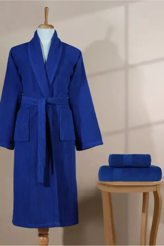Striped Bathrobe Set 100% Cotton Certified 3 Piece Shawl Collar Bathrobe And Head Towel Set Navy Blue-Navy Blue - 5