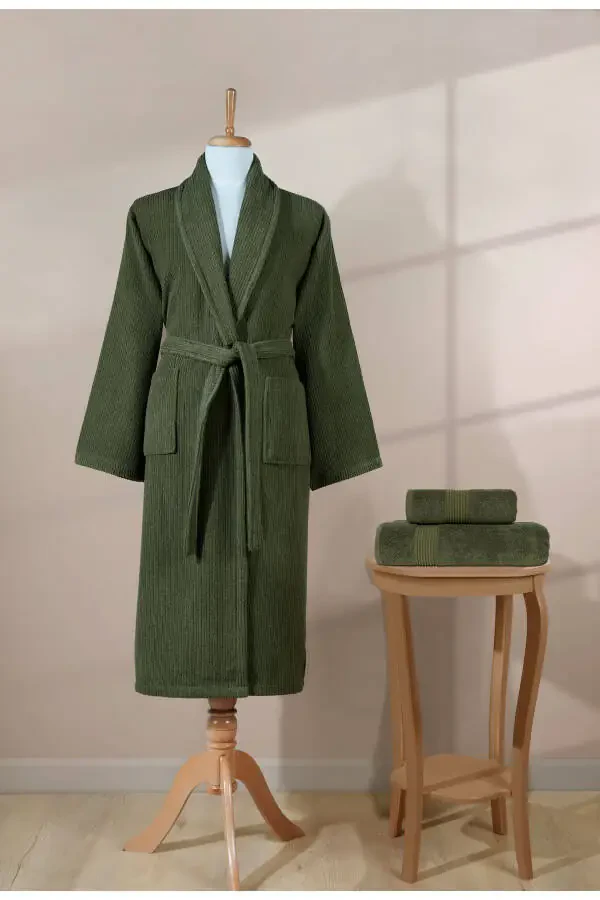 Striped Bathrobe Set 100% Cotton Certified 3 Pieces - 1