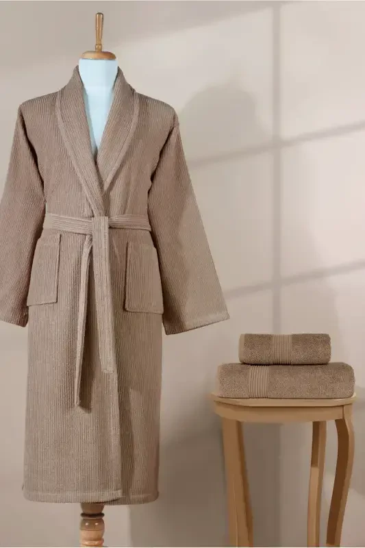 Striped Bathrobe Set 100% Cotton Certified 3 Pieces Shawl Collar Bathrobe and Head Towel Set Brown-Brown - 1