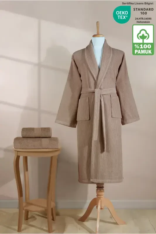 Striped Bathrobe Set 100% Cotton Certified 3 Pieces Shawl Collar Bathrobe and Head Towel Set Brown-Brown - 2