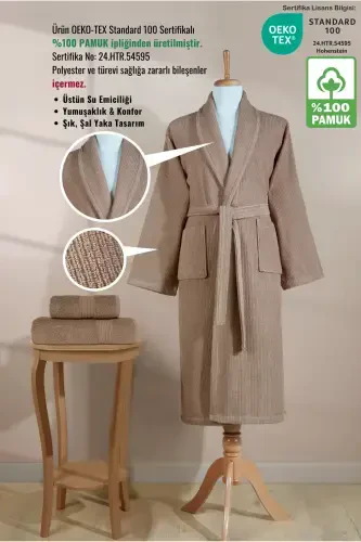 Striped Bathrobe Set 100% Cotton Certified 3 Pieces Shawl Collar Bathrobe and Head Towel Set Brown-Brown - 3