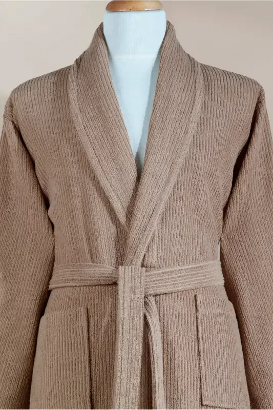 Striped Bathrobe Set 100% Cotton Certified 3 Pieces Shawl Collar Bathrobe and Head Towel Set Brown-Brown - 4