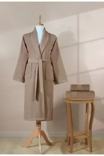 Striped Bathrobe Set 100% Cotton Certified 3 Pieces Shawl Collar Bathrobe and Head Towel Set Brown-Brown - 5