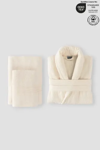 Striped Bathrobe Set 100% Cotton Certified 3 Pieces Shawl Collar Bathrobe And Head Towel Set Cream Color-Cream 