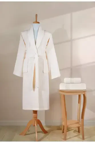 Striped Bathrobe Set 100% Cotton Certified 3 Pieces Shawl Collar Bathrobe And Head Towel Set Cream Color-Cream - 1