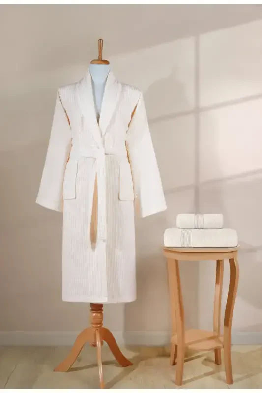 Striped Bathrobe Set 100% Cotton Certified 3 Pieces Shawl Collar Bathrobe And Head Towel Set Cream Color-Cream - 1