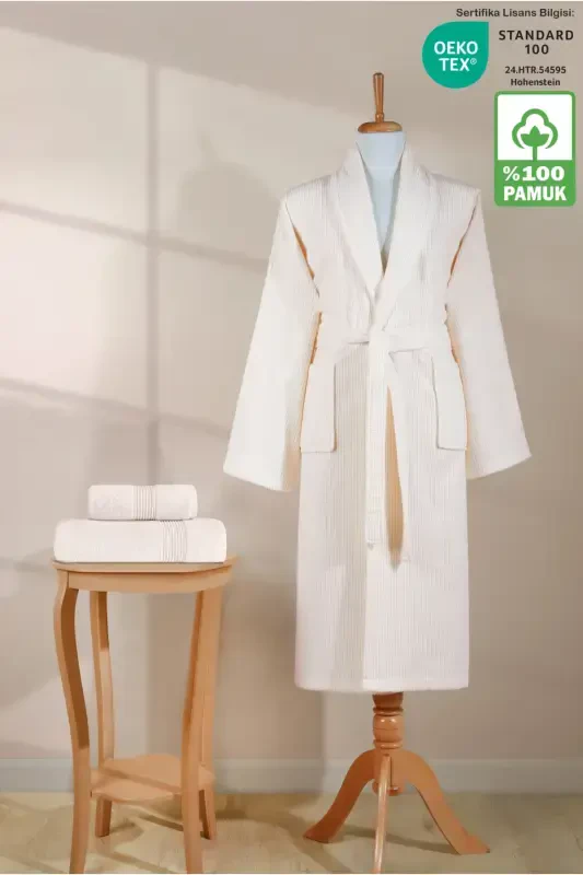 Striped Bathrobe Set 100% Cotton Certified 3 Pieces Shawl Collar Bathrobe And Head Towel Set Cream Color-Cream - 2