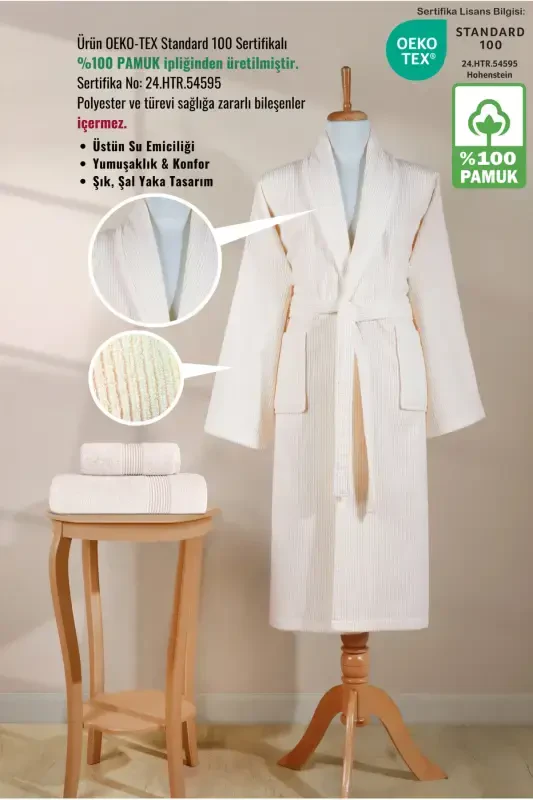 Striped Bathrobe Set 100% Cotton Certified 3 Pieces Shawl Collar Bathrobe And Head Towel Set Cream Color-Cream - 3