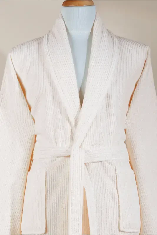 Striped Bathrobe Set 100% Cotton Certified 3 Pieces Shawl Collar Bathrobe And Head Towel Set Cream Color-Cream - 4