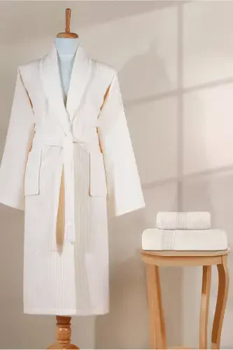 Striped Bathrobe Set 100% Cotton Certified 3 Pieces Shawl Collar Bathrobe And Head Towel Set Cream Color-Cream - 5