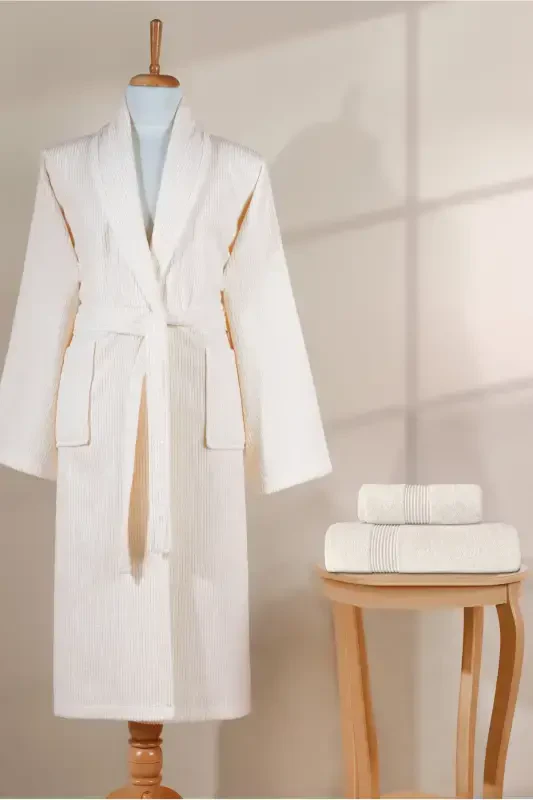 Striped Bathrobe Set 100% Cotton Certified 3 Pieces Shawl Collar Bathrobe And Head Towel Set Cream Color-Cream - 5