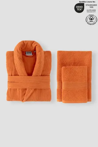 Striped Bathrobe Set 100% Cotton Certified 3 Pieces Shawl Collar Bathrobe and Head Towel Set Orange-Orange 
