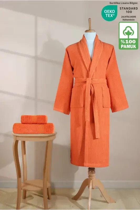 Striped Bathrobe Set 100% Cotton Certified 3 Pieces Shawl Collar Bathrobe and Head Towel Set Orange-Orange - ELLALINE