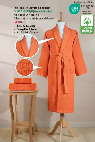 Striped Bathrobe Set 100% Cotton Certified 3 Pieces Shawl Collar Bathrobe and Head Towel Set Orange-Orange - ELLALINE (1)