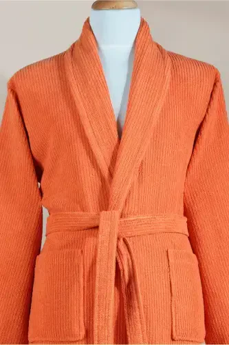 Striped Bathrobe Set 100% Cotton Certified 3 Pieces Shawl Collar Bathrobe and Head Towel Set Orange-Orange - 3