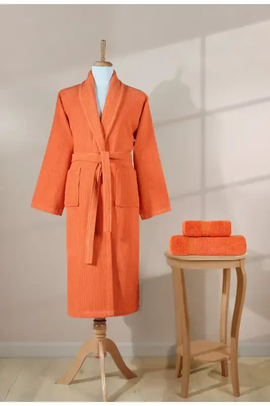 Striped Bathrobe Set 100% Cotton Certified 3 Pieces Shawl Collar Bathrobe and Head Towel Set Orange-Orange - 4