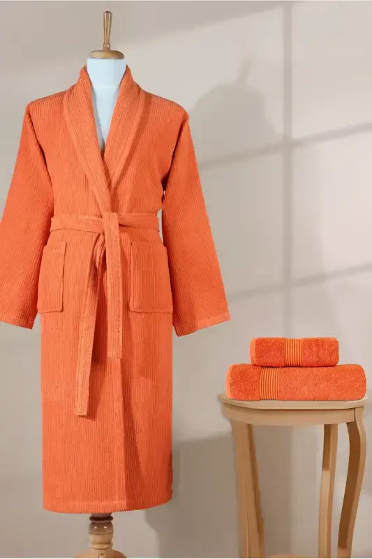 Striped Bathrobe Set 100% Cotton Certified 3 Pieces Shawl Collar Bathrobe and Head Towel Set Orange-Orange - 5
