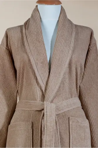 Striped Bathrobe Set 100% Cotton Certified, Unisex, Shawl Collar Striped Design Bathrobe Head Towel-Brown 