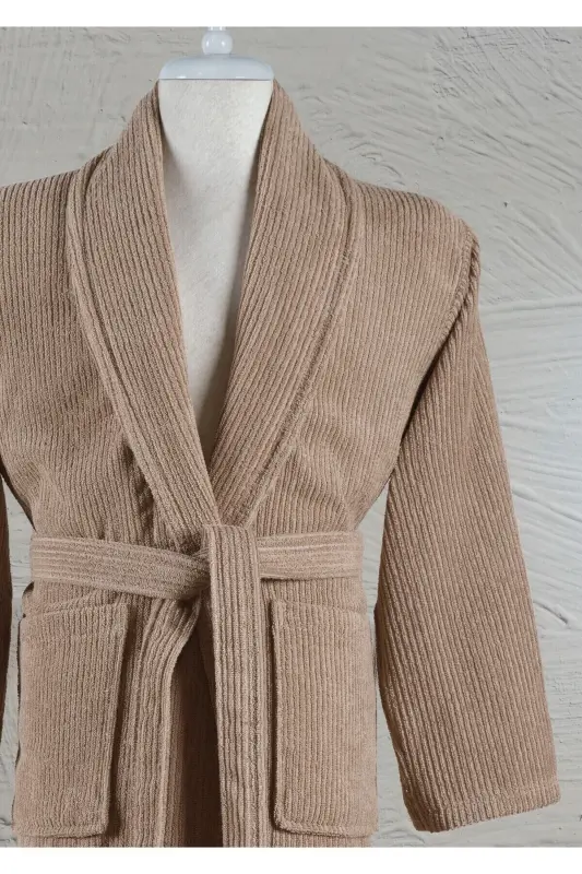 Striped Bathrobe Set 100% Cotton Certified, Unisex, Shawl Collar Striped Design Bathrobe Head Towel-Brown - 2