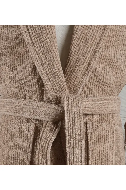 Striped Bathrobe Set 100% Cotton Certified, Unisex, Shawl Collar Striped Design Bathrobe Head Towel-Brown - 3