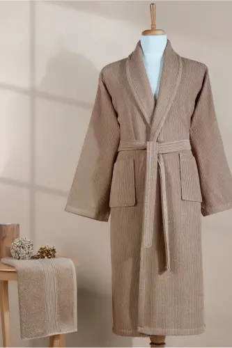 Striped Bathrobe Set 100% Cotton Certified, Unisex, Shawl Collar Striped Design Bathrobe Head Towel-Brown - 4