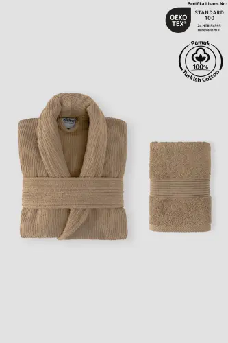 Striped Bathrobe Set 100% Cotton Certified, Unisex, Shawl Collar Striped Design Bathrobe Head Towel-Brown - 7