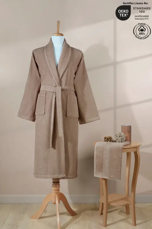 Striped Bathrobe Set 100% Cotton Certified, Unisex, Shawl Collar Striped Design Bathrobe Head Towel - Brown - 1