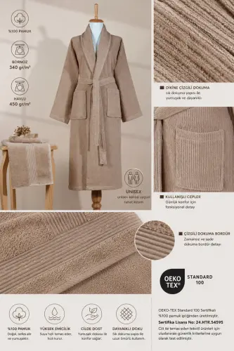 Striped Bathrobe Set 100% Cotton Certified, Unisex, Shawl Collar Striped Design Bathrobe Head Towel - Brown - 5
