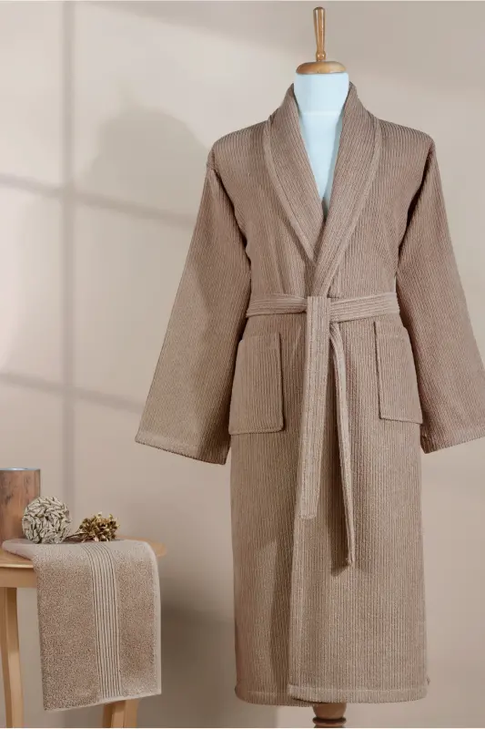 Striped Bathrobe Set 100% Cotton Certified, Unisex, Shawl Collar Striped Design Bathrobe Head Towel - Brown - 7