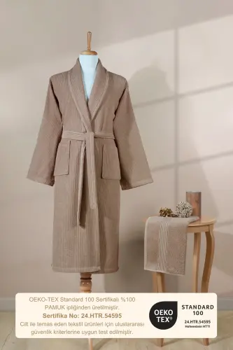 Striped Bathrobe Set 100% Cotton Certified, Unisex, Shawl Collar Striped Design Bathrobe Head Towel - Brown - 8