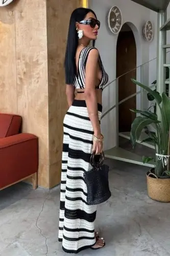 Striped Bikini Top And Skirt Knitted Set 10110 - BÜYÜKBEDENIZ (1)