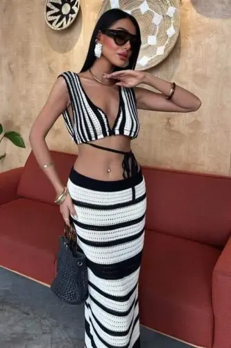 Striped Bikini Top And Skirt Knitted Set 10110 - 4