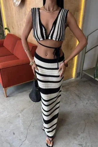 Striped Bikini Top And Skirt Knitted Set 10110 - 8