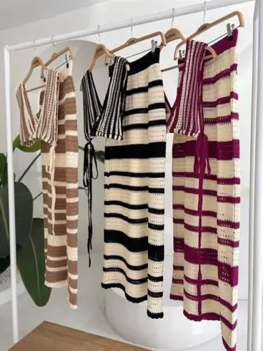 Striped Bikini Top And Skirt Knitted Set 10110 - 10