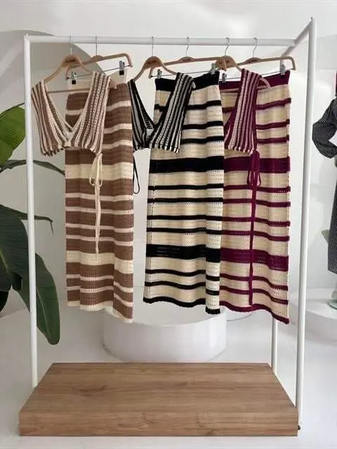 Striped Bikini Top And Skirt Knitted Set 10110 - 11