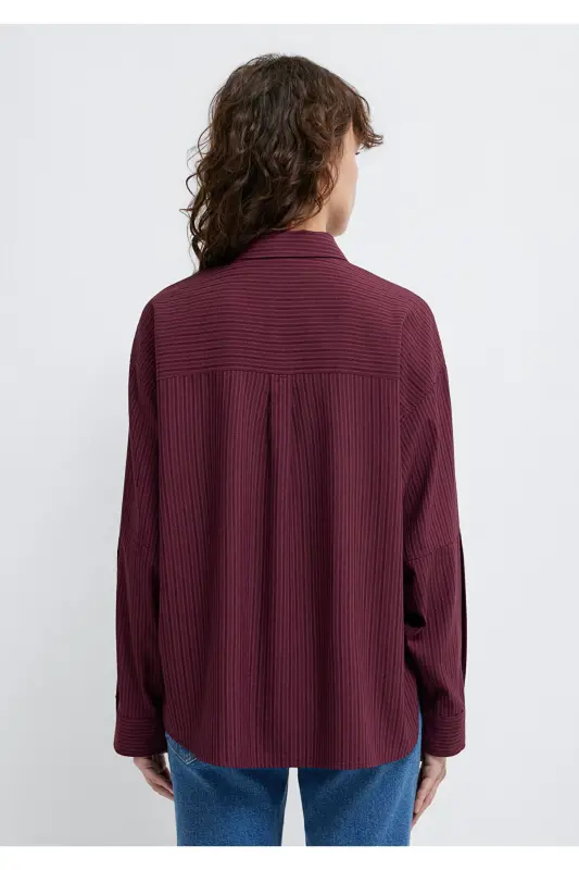 Çizgili Bordo Gömlek Oversize / Geniş Kesim 1210878-70434 - Bordo - 5