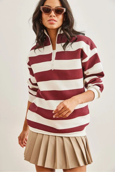 Striped Burgundy Zipped High-Neck Thimble Thick Sweatshirt SWT-19000690 - OLALOOK
