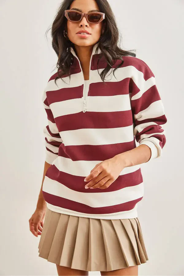Striped Burgundy Zipped High-Neck Thimble Thick Sweatshirt SWT-19000690 - 1