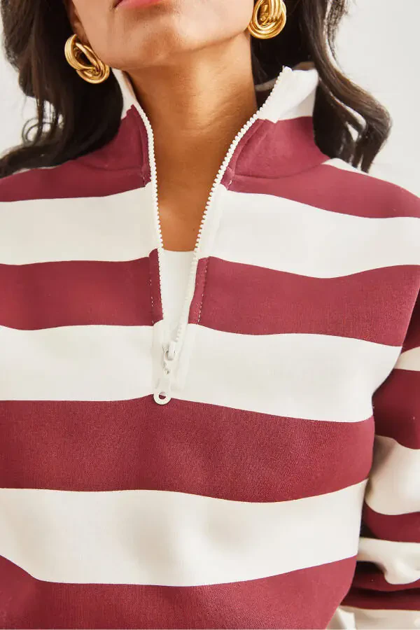 Striped Burgundy Zipped High-Neck Thimble Thick Sweatshirt SWT-19000690 - 2