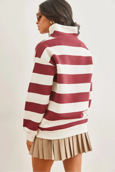 Striped Burgundy Zipped High-Neck Thimble Thick Sweatshirt SWT-19000690 - 3