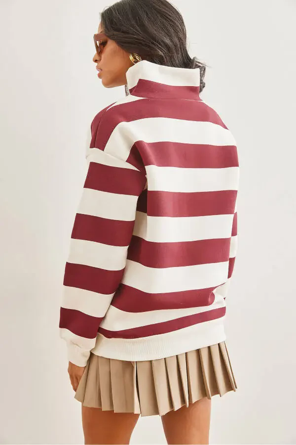 Striped Burgundy Zipped High-Neck Thimble Thick Sweatshirt SWT-19000690 - 3