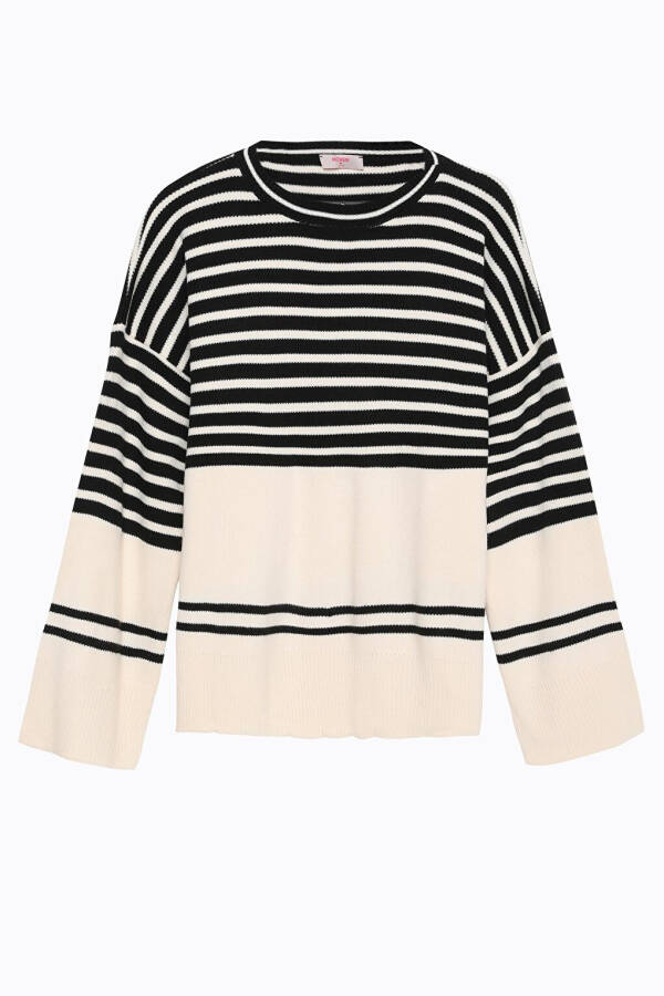 Striped Detail Crew Neck Sweater Cream-Black - 3