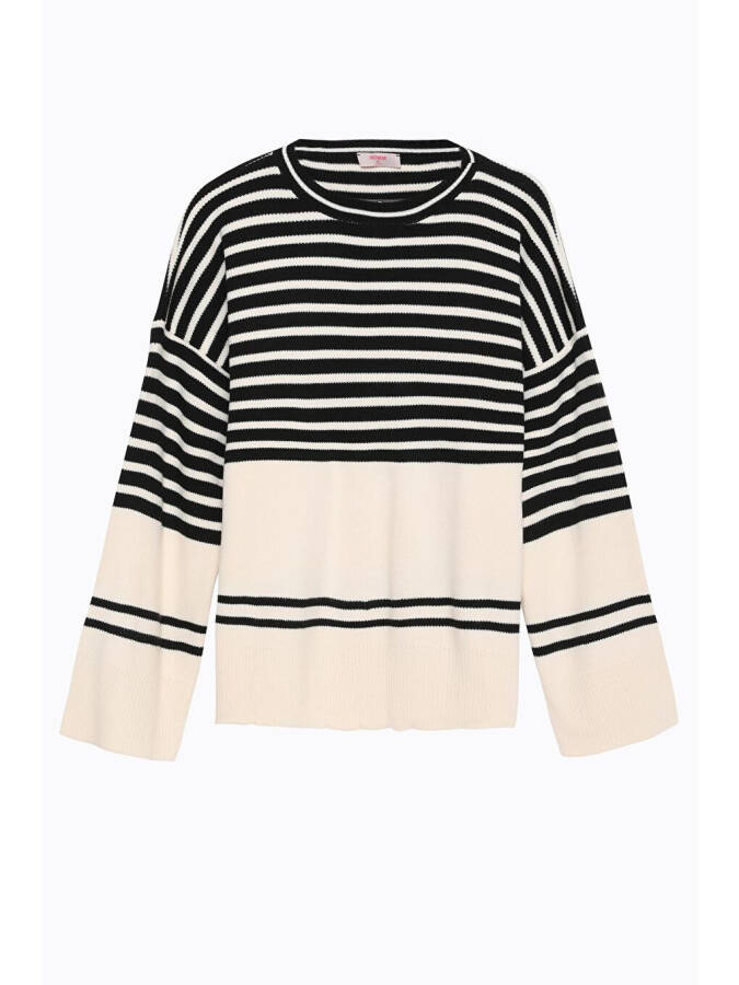 Striped Detail Crew Neck Sweater Cream-Black - 1