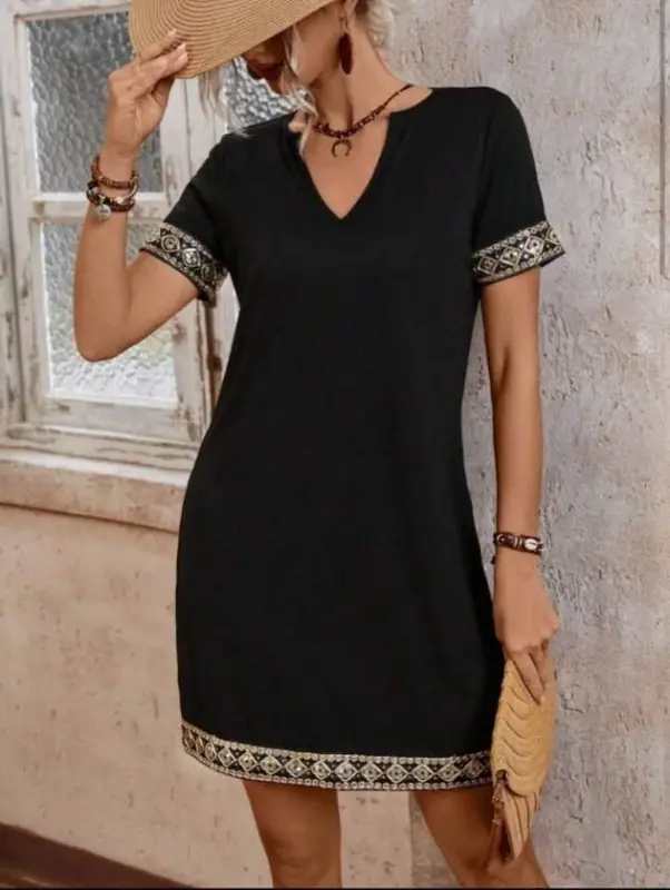 Striped Detail V-Neck Viscose Dress with Side Pockets - BÜYÜKBEDENIZ