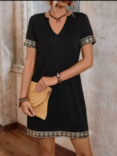 Striped Detail V-Neck Viscose Dress with Side Pockets - BÜYÜKBEDENIZ (1)