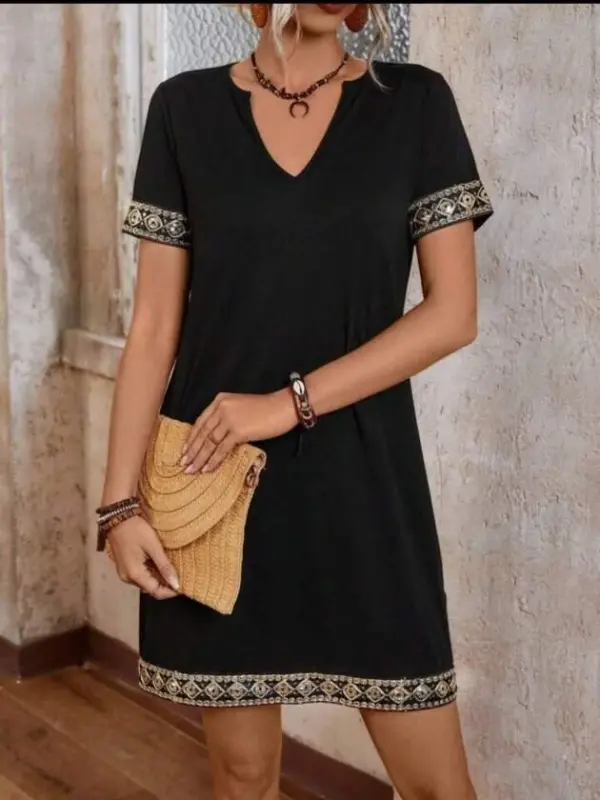 Striped Detail V-Neck Viscose Dress with Side Pockets - 2