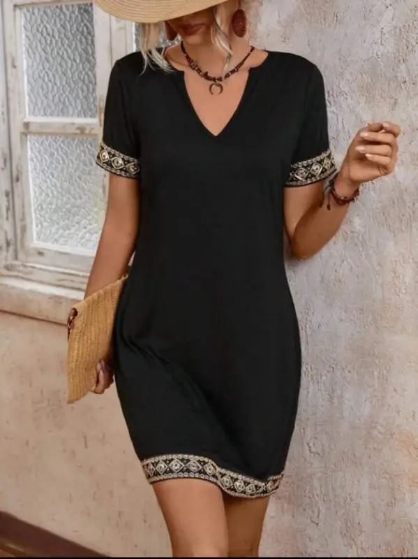 Striped Detail V-Neck Viscose Dress with Side Pockets - 3